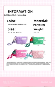 Infographic showing four colors and dimensions of this plush coin and lipstick pouch