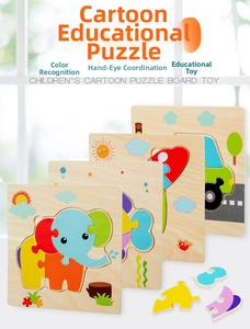 Detail of multi-themed wooden 3D animal and vehicle puzzles for early learning