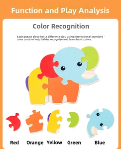 Detail view of colorful elephant wooden puzzle pieces for kids color recognition