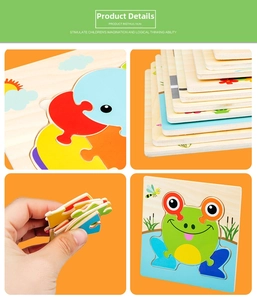 Detailed view of layered 3D wooden animal puzzle with rounded edges and vibrant colors