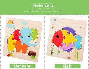 Detail of wooden 3D animal puzzles for kids featuring elephant and fish designs