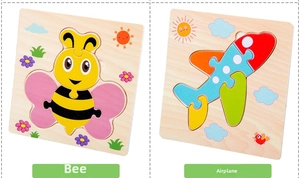 Detail of wooden 3D puzzles featuring cartoon bee and airplane for toddler learning