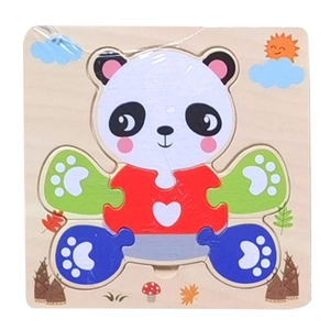 Detail of 3D wooden panda puzzle for toddlers with heart shirt and bamboo elements