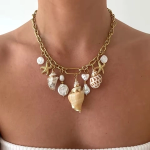 Gold titanium steel chunky necklace with shell, starfish and pearl charms for beach wear