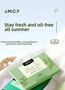 Detailed view of green tea oil blotting sheets in portable packaging on white silk background