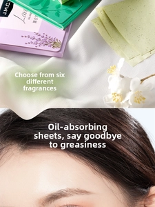 Detail of portable facial oil blotting paper showing six scents and skin oil control