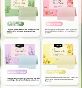 Detail view of portable oil-absorbing paper in green tea, rose, and lavender scents