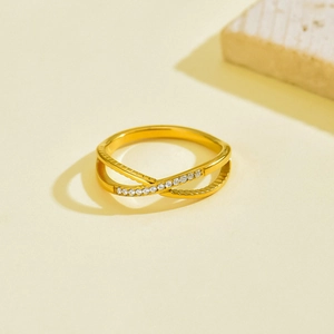 Minimalist gold-plated stainless steel cross X-shaped ring with pavé cubic zirconia