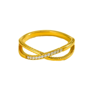 Crossed X design gold stainless steel ring with micro-pave crystals and ribbed texture
