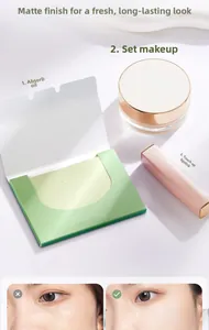 Three-step facial oil control routine showing blotting paper, powder, and matte finish