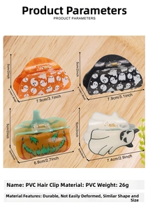 Detailed views of Halloween hair claws featuring pumpkin and ghost PVC motifs