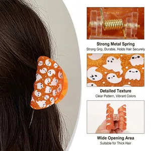 Luminous Halloween hair claw clip with ghost patterns and orange glitter for thick hair