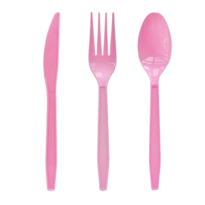 Roze driedelige plastic bestekset met gedessineerde handvaten voor meisjesfeestjes