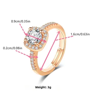 Detailed view of adjustable rose gold ring showing size dimensions and halo square stone