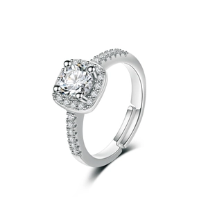 Adjustable silver wedding ring with large round solitaire and halo diamond setting