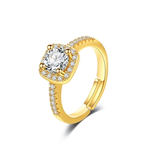 Detailed view of luxury gold-plated square halo ring with adjustable band and side diamonds