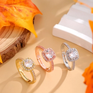 French Luxury Square Halo Zirconia Adjustable Ring For Women Vintage Palace Style Copper Inlaid Finger Ring Wedding Jewelry