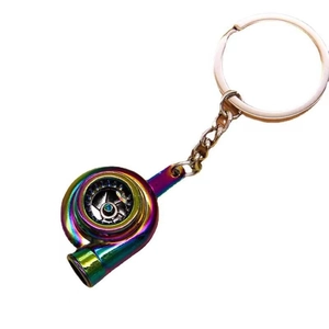Rainbow plated turbocharger keychain in durable zinc alloy metal for car enthusiasts