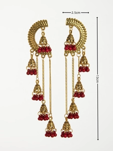 Detail showing Indian Jhumka earrings size 2.5cm wide and 13cm long with red beads
