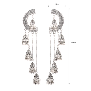 Detailed view of silver bohemian tassel earrings with dimensions of 2.5cm by 12.8cm