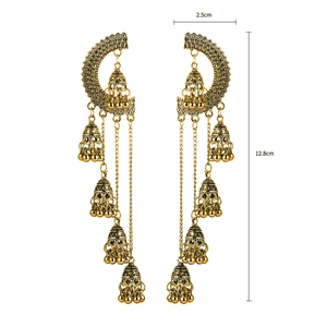 Detailed view of vintage Indian Jhumka earrings with long alloy tassels and bell charms