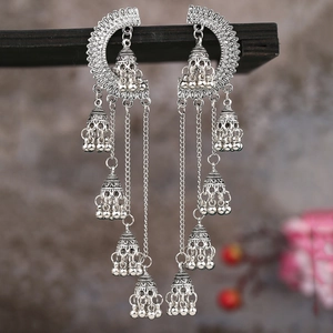 Detailed close-up of vintage silver Jhumka earrings with hollow dome and hanging bells