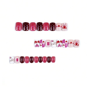 Short glossy square Valentine press-on nails with red hearts and love pattern 24pcs