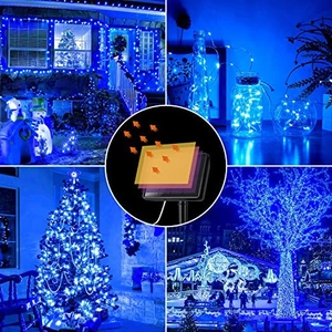 Outdoor solar LED copper wire lights in blue, shown in four versatile garden scene layouts