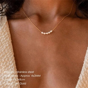Detail of five freshwater pearl necklace on a gold-plated stainless steel chain with size info