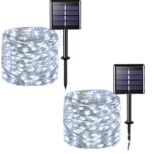 Solar outdoor waterproof LED copper wire string lights in cool white 2-pack set