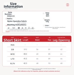 Size chart for yoga skirt with measurements for XS to XL and fabric specifications
