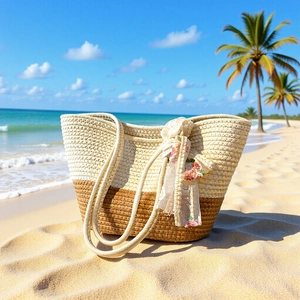 Woven Tote Bag Large Capacity Two Tone Color Block Beach Vacation Shoulder Bag Women Floral Lace Ribbon Decor