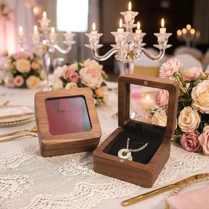 Elegant walnut wood jewelry box with clear window and burgundy velvet lining for necklaces