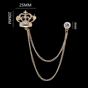 Detailed dimensions of a golden crown lapel pin with rhinestones and hanging chains