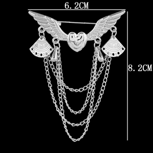Detail showing dimensions of silver wing brooch with heart pendant and tassel chains