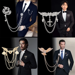 Men Vintage Alloy Rhinestone Suit Brooch With Metal Chain Tassel Gold Silver Lapel Pin For Wedding Party Business Banquet