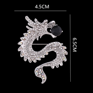 Mens fashion dragon brooch with silver metal plating, crystal rhinestones and black stone