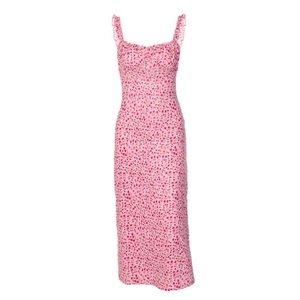 Pink floral midi dress with ruched bust and ruffle straps for bohemian summer style