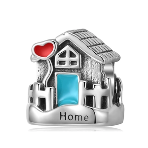 House Charm Bead 925 Sterling Silver Enamel Red Heart Home Engraving For DIY Bracelets Jewelry Making Fashion