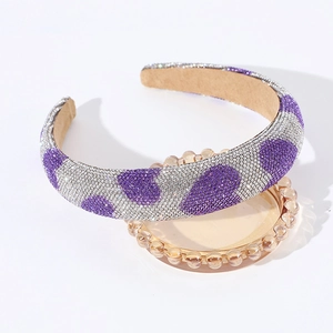 Padded sponge headband with sparkling purple rhinestone hearts and silver crystals
