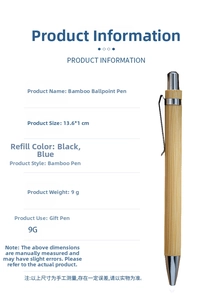 Detailed view of natural bamboo ballpoint pen with 13.6x1cm dimensions and metal clip