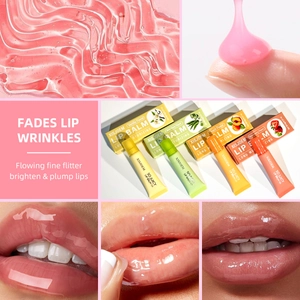 Glossy lip oil set showing pink gel texture and shiny mirror finish effect on lips