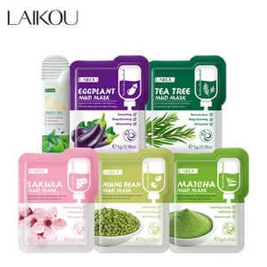 Variety of LAIKOU 5g mud mask sachets including cherry blossom and tea tree for travel