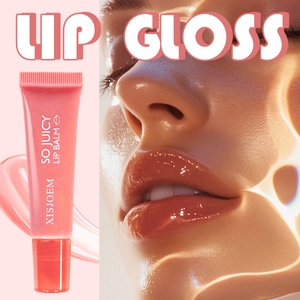 Macro detail of glossy pink lip oil tube and moisturizing water-light finish on lips
