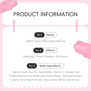 Detailed product information card for 5g Sakura mud mask showing ingredients and pink texture