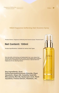 Detailansicht der Freesia Haaröl-Inhaltsstoffe und 100ml bernsteinfarbene Flasche