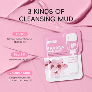 Detail of 5g cherry blossom mud mask packet showing kaolin and sea mud ingredients