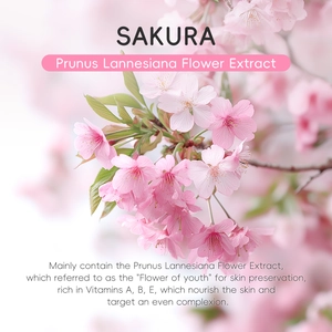 Detail showing cherry blossom extract rich in vitamins A, B, E for skin nourishment