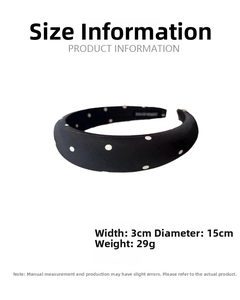 Detailed size information of black polka dot satin headband with 3cm width and 15cm diameter