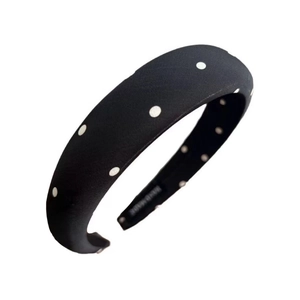 Polka dot satin sponge headband in black and white with wide fabric design for women